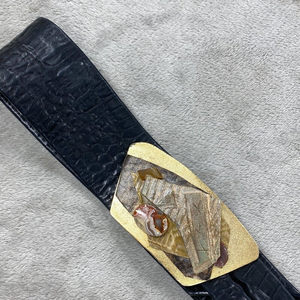 Vintage Wide Belt Womens Large Black Leather Metal Buckle USA Handmade Retro - Picture 5 of 9
